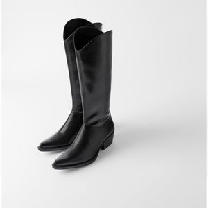 Zara Black Pleather Tall Cowboy Boots 40